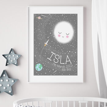 Personalised New Baby Moon And Stars Space Print, 6 of 6