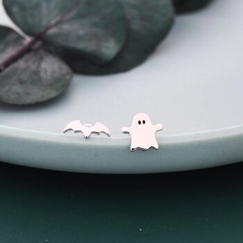 Mismatched Ghost And Bat Stud Earrings In Sterling Silver, 3 of 9