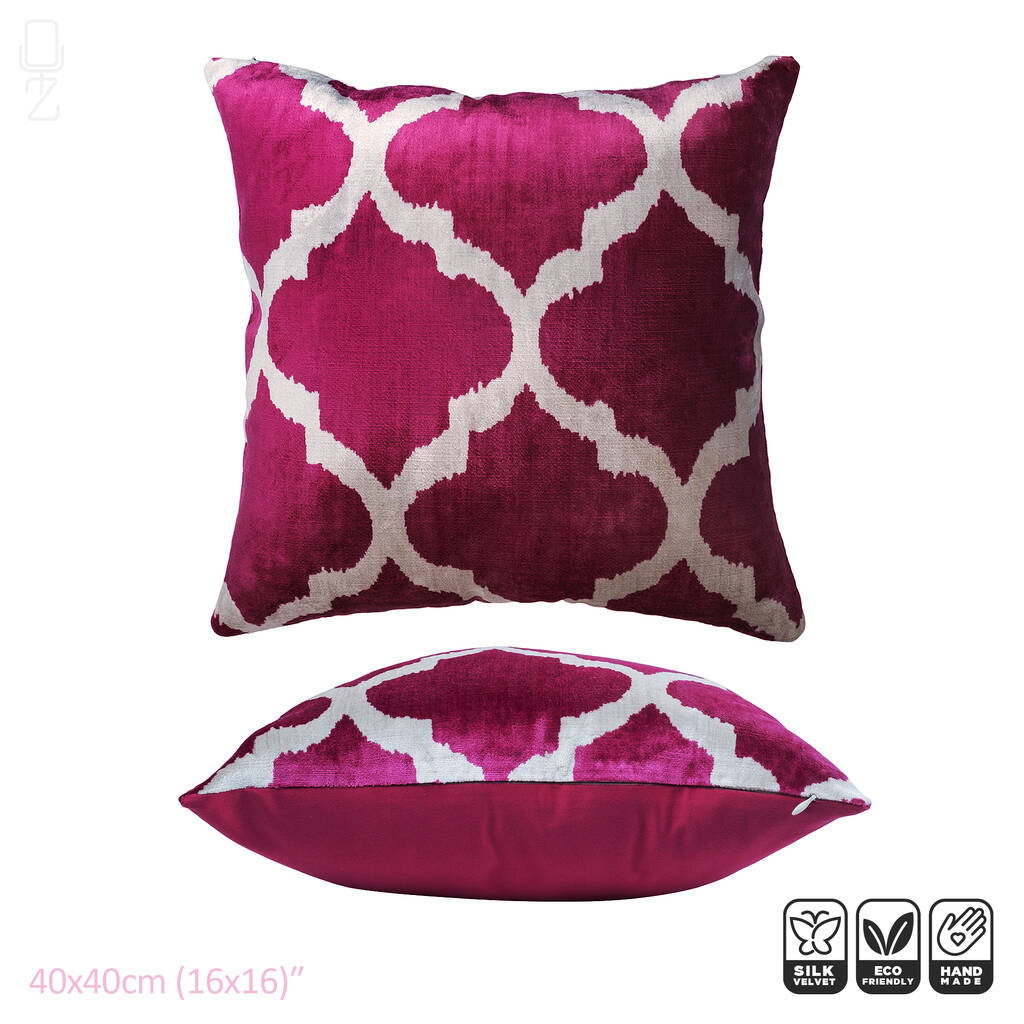 Fuchsia Pink Ikat Velvet Pillow Cover, 40x40cm By