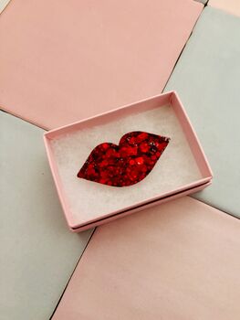 The 'Sparkle Kiss' Red Lips Glitter Brooch / Valentines Or Galentines Gift / Retro Brooch / Pop Art Jewellery, 3 of 5