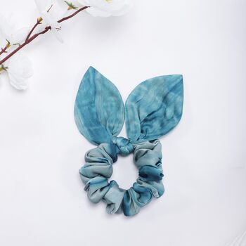 100% Silk Bow Scrunchie Tie And Dye Blue And Grey, 2 of 2