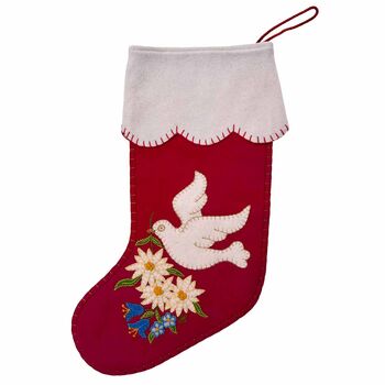 Hand Embroidered Edelweiss Dove Christmas Stocking, 2 of 3