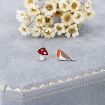 Mismatched Robin Bird And Mushroom Stud Earrings In Sterling Silver, 3 of 12