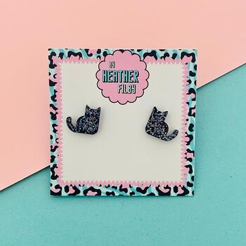 Black Glitter Cat Stud Earrings, 5 of 6