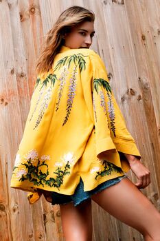 Wisteria And Chrysanthemum Mustard Embroidered Short Kimono, 6 of 8