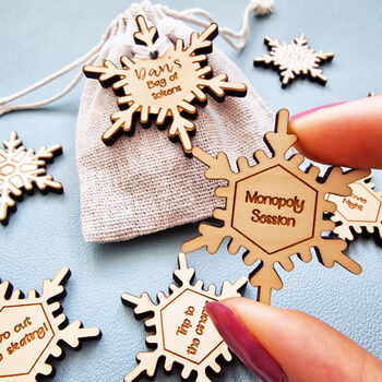 Wooden Personalised Couples Christmas Snowflake Tokens, 3 of 4