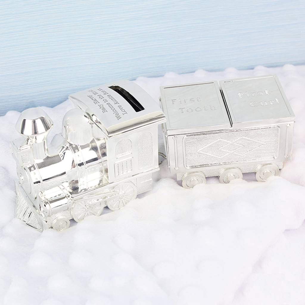 personalised train money box baptism/christening gift by alice
