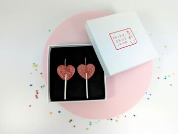 Heart Lollipop Earrings Acrylic Sterling Silver Hoops, 9 of 10