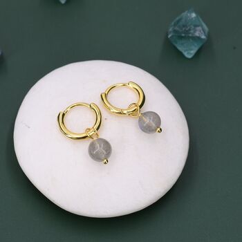 Sterling Silver Genuine Labradorite Stone Beaded Huggie Hoop Earrings, 7 of 11