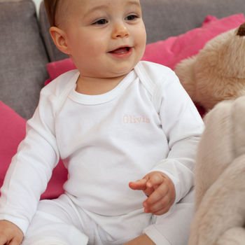 Personalised Embroidered Baby Grow In White Or Grey, 3 of 5