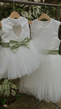 Duchess Satin Flower Girl Dress – Pearl Heart Back And Tulle Skirt Handmade UK, 2 of 8