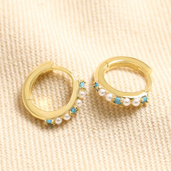 Blue Stone And Pearl Huggie Hoop Earrings In Gold, 2 of 3
