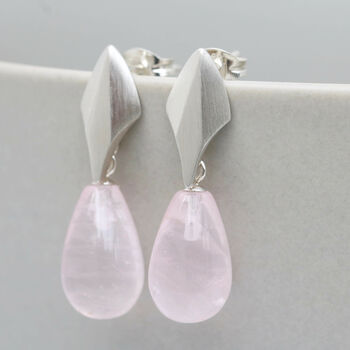 Silver Deco Dropper Earrings With Rose Quartz, 5 of 8