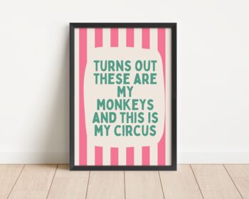Turns Out These Are Our Monkeys Wall Print | Watermelon And Cream Stripe With Vivid Teal, 2 of 3