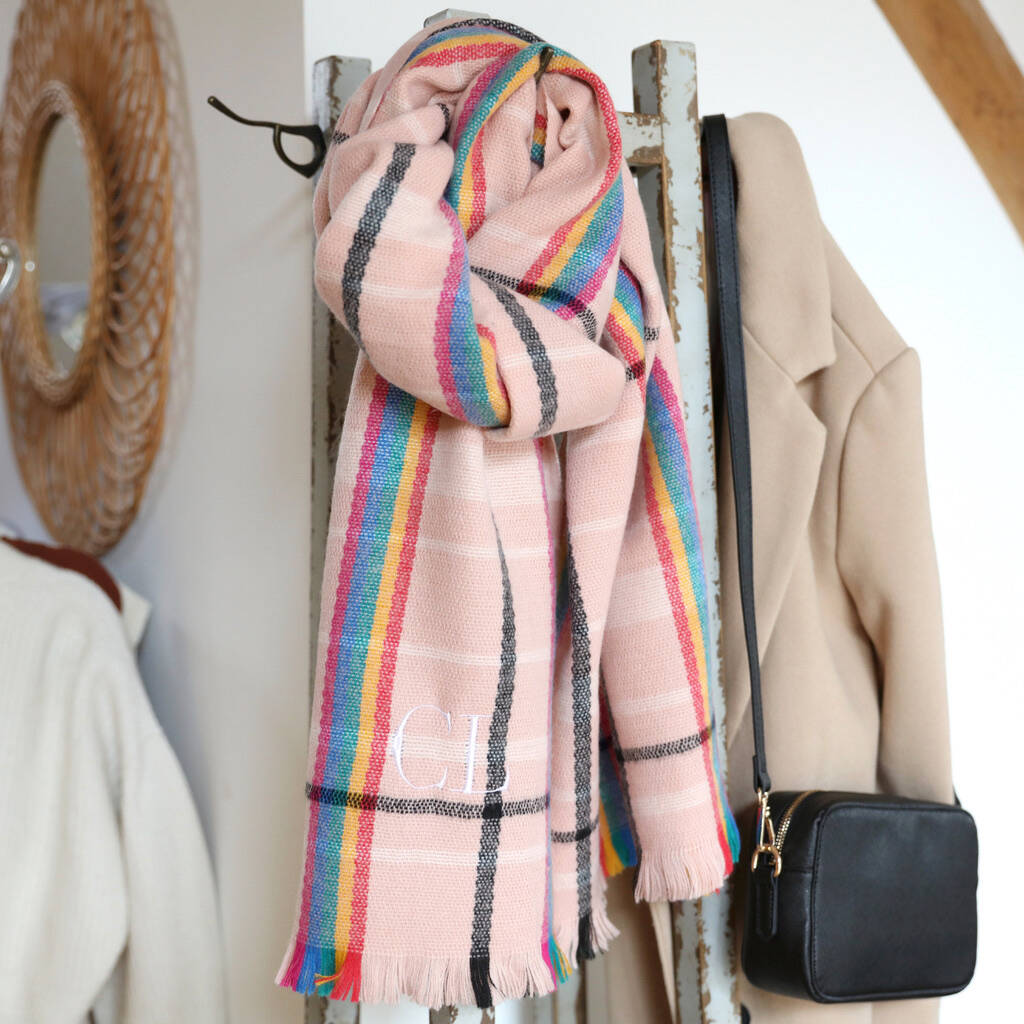 Personalised Embroidered Rainbow Tartan Blanket Scarf By Lisa Angel