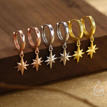 Sterling Silver Dainty Starburst Huggie Hoop Earrings, 5 of 11
