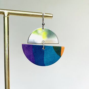 Handmade Leather Large Halfmoon With Pendent Earrings Marbled, 5 of 10