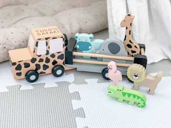 Personalised Wooden Safari Jeep Toy With Trailer And Animals, 2 of 4