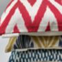 Square Ikat Silk Cushion Coral Red Zigzag, thumbnail 4 of 9