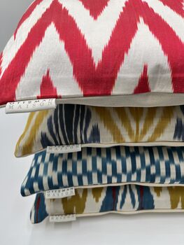 Square Ikat Silk Cushion Coral Red Zigzag, 4 of 9