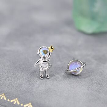 Sterling Silver Mismatched Astronaut And Planet Stud Earrings With Moonstone, 3 of 10