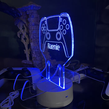 Personalised LED Light Neon Blue Dual Controller Stand, 5 of 5
