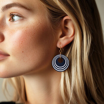 Navy And White Stripey Circular Earrings, 2 of 6