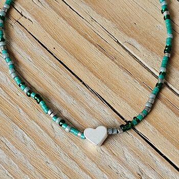 Seed Bead Bracelet In Green With Heart Charm, 2 of 3