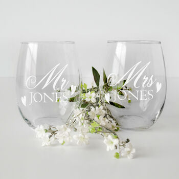 Set Of Two Wedding Love Heart Stemless Wine Glasses, 2 of 7