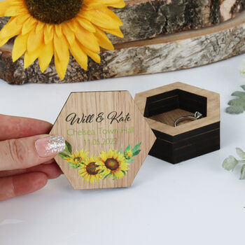 Personalised Wooden Wedding Ring Box Sunflower, 7 of 9