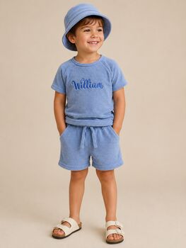 Summer Personalised 3pcs Towelling Sets Embroidered Kids Personalised T Shirt And Shorts Holiday, Beach , Swimming, 6 of 13