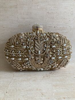 Dark Gold Handcrafted Embroidered Oval Clutch Bag, 7 of 10