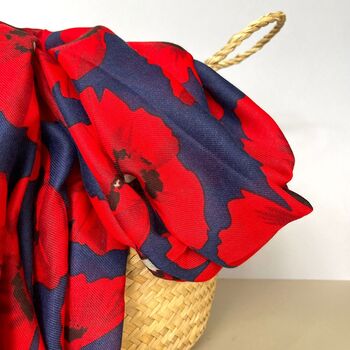Bold Red Poppy Print Frayed Scarf In Navy Blue, 2 of 3