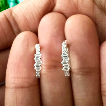 Sterling Silver Baguette Diamante Hoop Earrings, 2 of 8