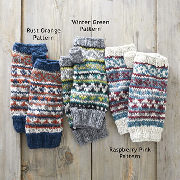 Fair Trade Fair Isle Knit Wool Lined Wristwarmer Gloves, 6 of 12