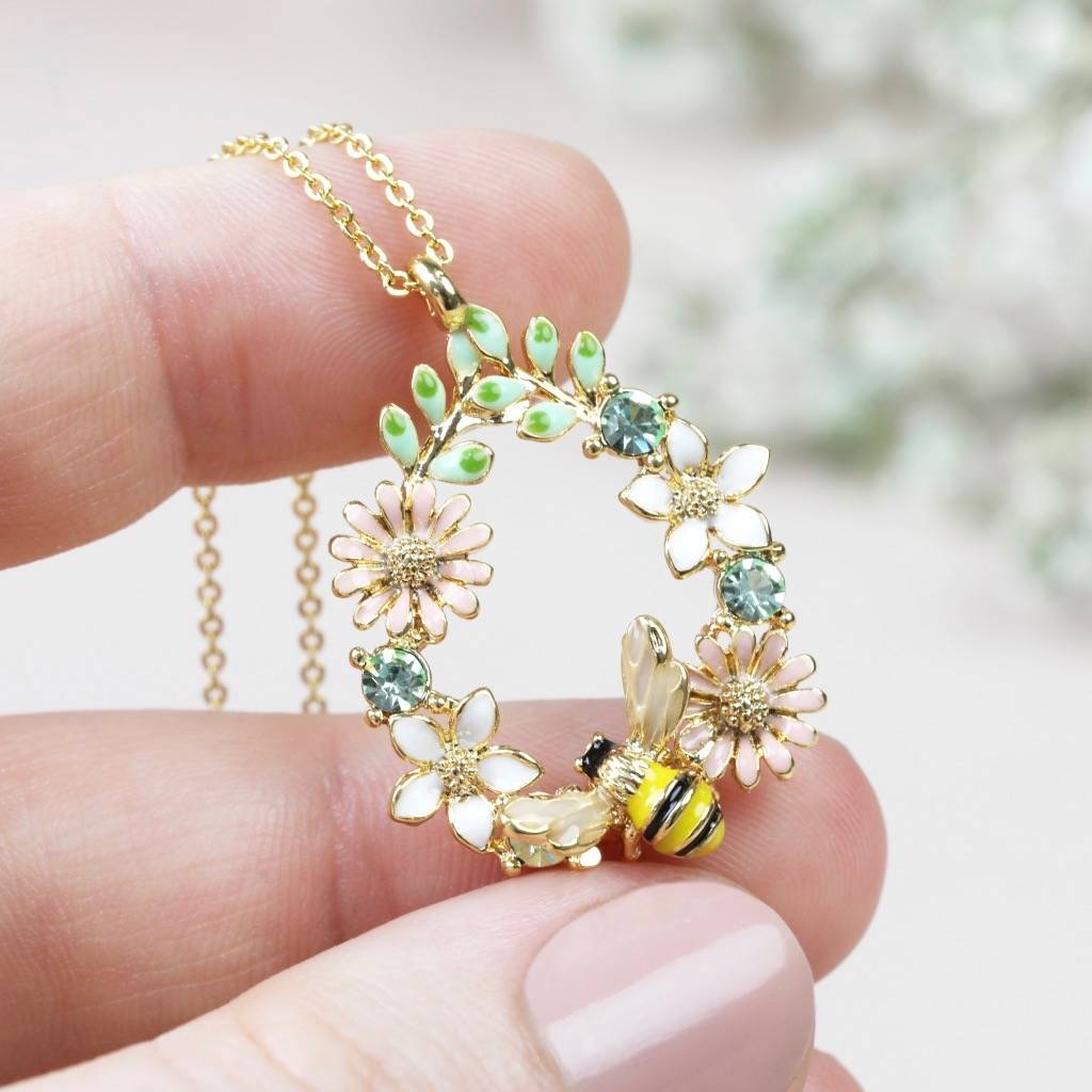 Crystal Flower and Enamel Bee Necklace in Gold