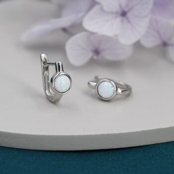 Sterling Silver White Opal Huggie Hoop Earrings, 4 of 11