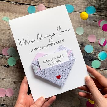 Personalised Map Anniversary Origami Heart Card For Husband, Wife Or Partner, Wedding Venue Location, 3 of 5