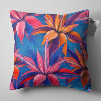 Pink And Orange Flowers On Blue Cushion Cover, 5 of 7