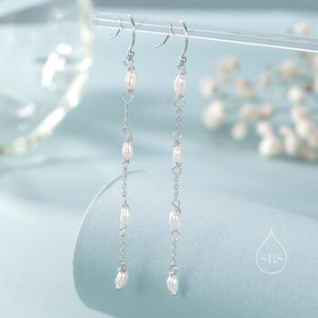 Sterling Silver Oval Freshwater Pearl Long Drop Hook Earrings, 6 of 11