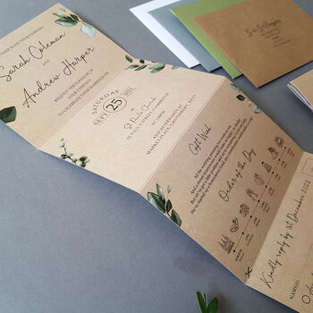Kraft Eucalyptus Wreath Wedding Invitations Sample, 6 of 9