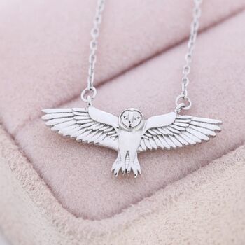 Flying Barn Owl Pendant Necklace In Sterling Silver, 2 of 10