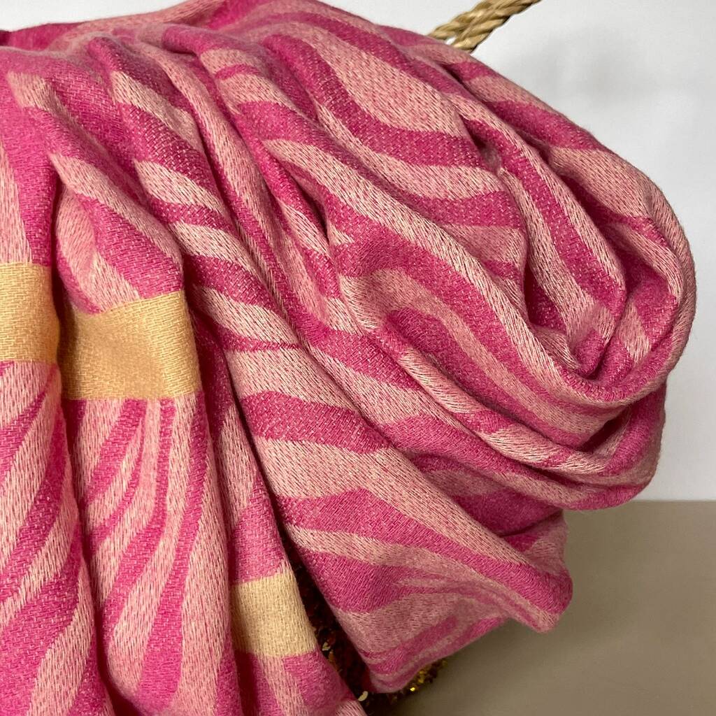 Zebra Print Scarf With Stripe In Fuchsia And Light Pink By Nest Gifts
