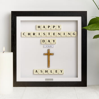Personalised Wooden Cross Christening Keepsake Frame With Scrabble, 6 of 9