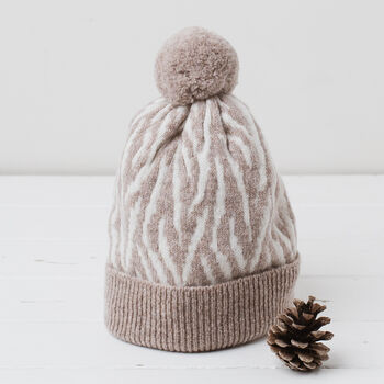 Lambswool Knitted Zebra Pom Pom Hat, 4 of 12