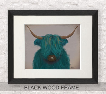 Highland Cow In Turquoise, Art Print Framed Or Unframed, 5 of 9