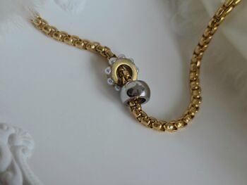 Gold Chunky Rolo Chain Necklace With Pearl Charm And Silver Bead Pendant, 6 of 12