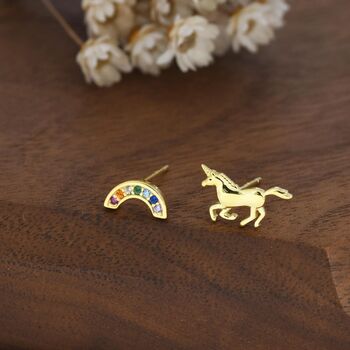 Mismatched Unicorn And Rainbow Stud Earrings In Sterling Silver, 5 of 12