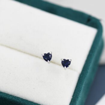 Extra Dark Sapphire Blue Corundum Heart Stud Earrings, 7 of 11