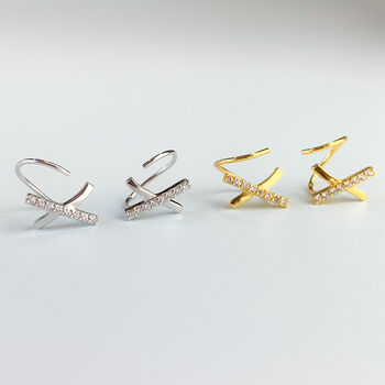 Sterling Silver Sparkly Cross Spiral Hoop Earrings, 3 of 5